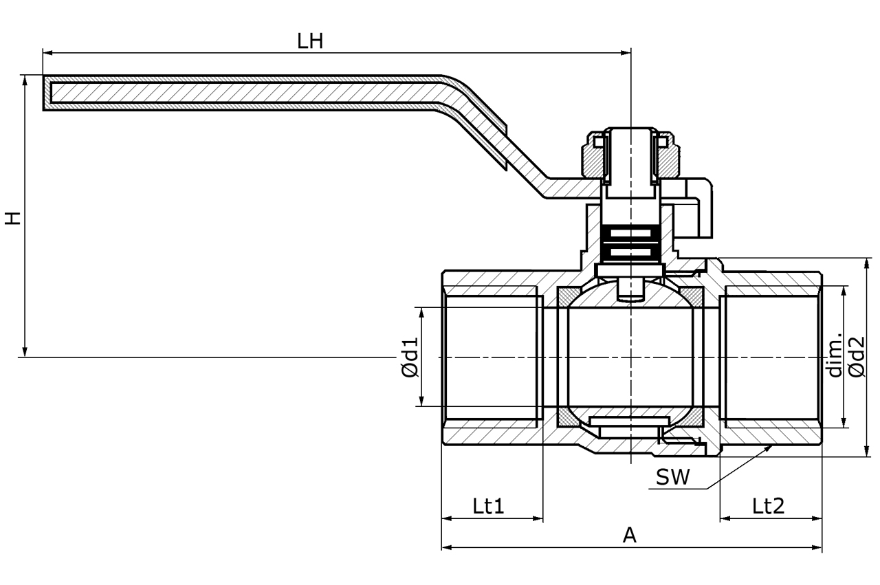 Gas-Kugelhahn mit Innengewinde, Messing - Grafik
