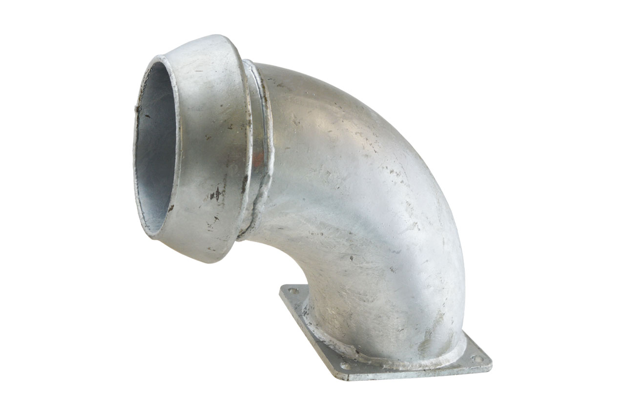 Bogen 90° mit V-Teil und Quadratflansch, System Perrot, Stahl verzinkt