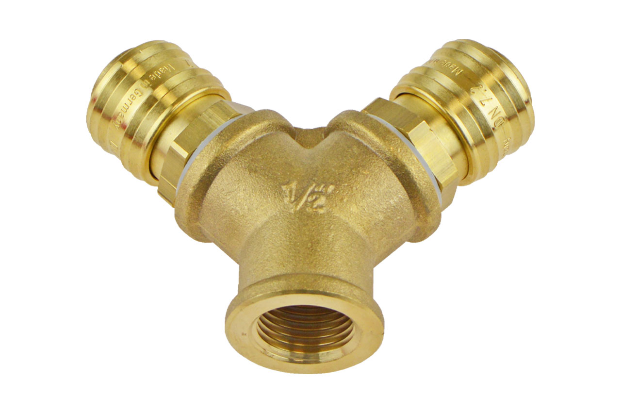 2-fach Luftweiche NW 7,2 mit Innengewinde und 2 Kupplungsdosen, Messing