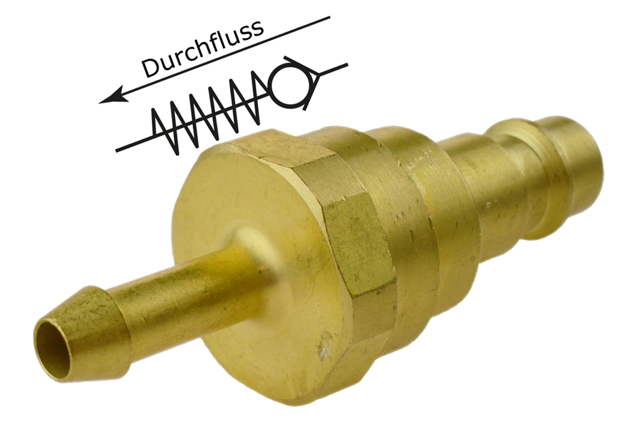 Druckluftstecknippel NW 7,2 mit Schlauchtülle und Rückschlagventil, Messing Druckluftstecknippel NW 7,2 mit Schlauchtülle und Rückschlagventil, Messing