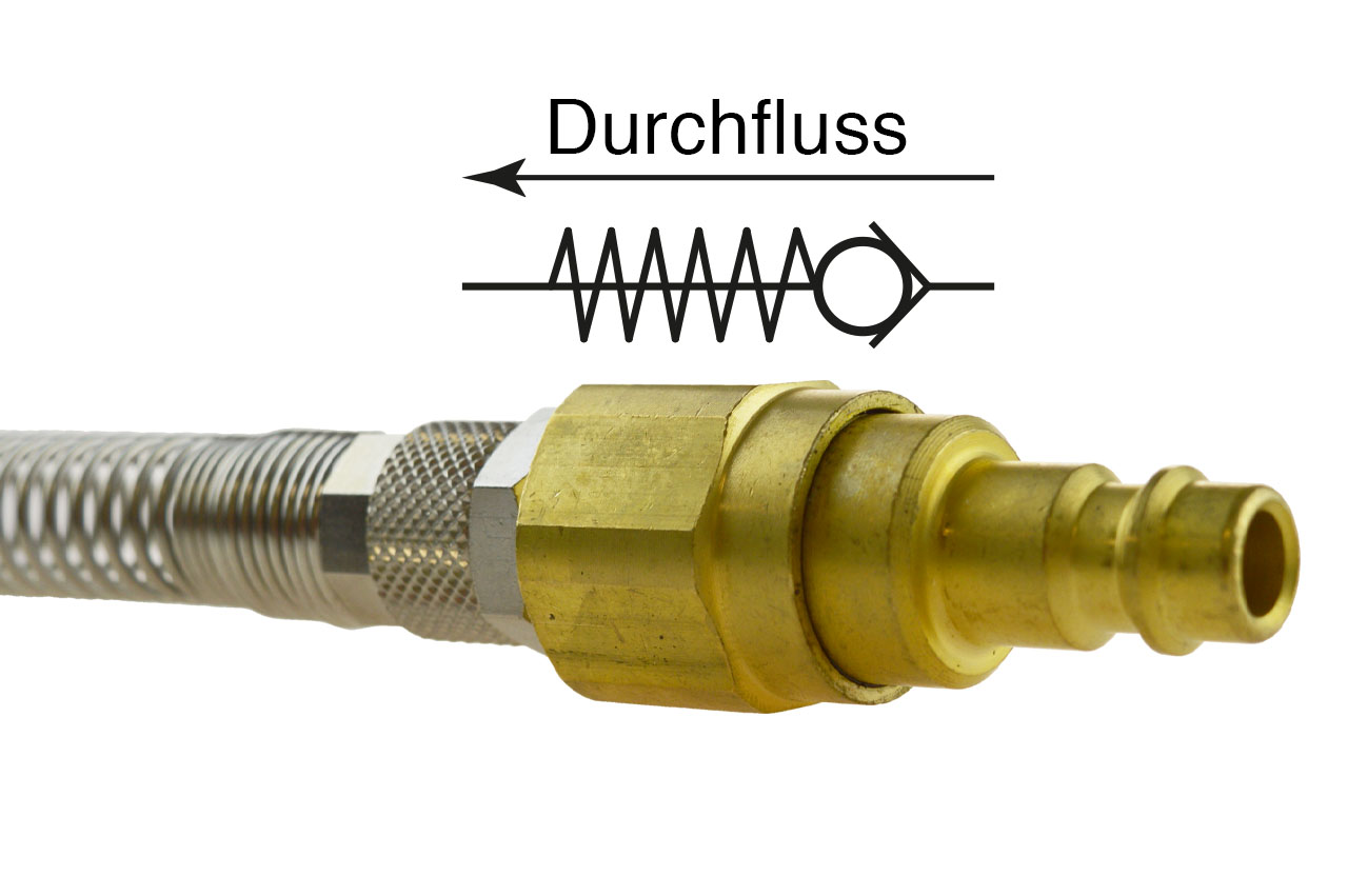 Druckluftstecknippel NW 7,2 mit Überwurfmutter, Knickschutz und Rückschlagventil, Messing