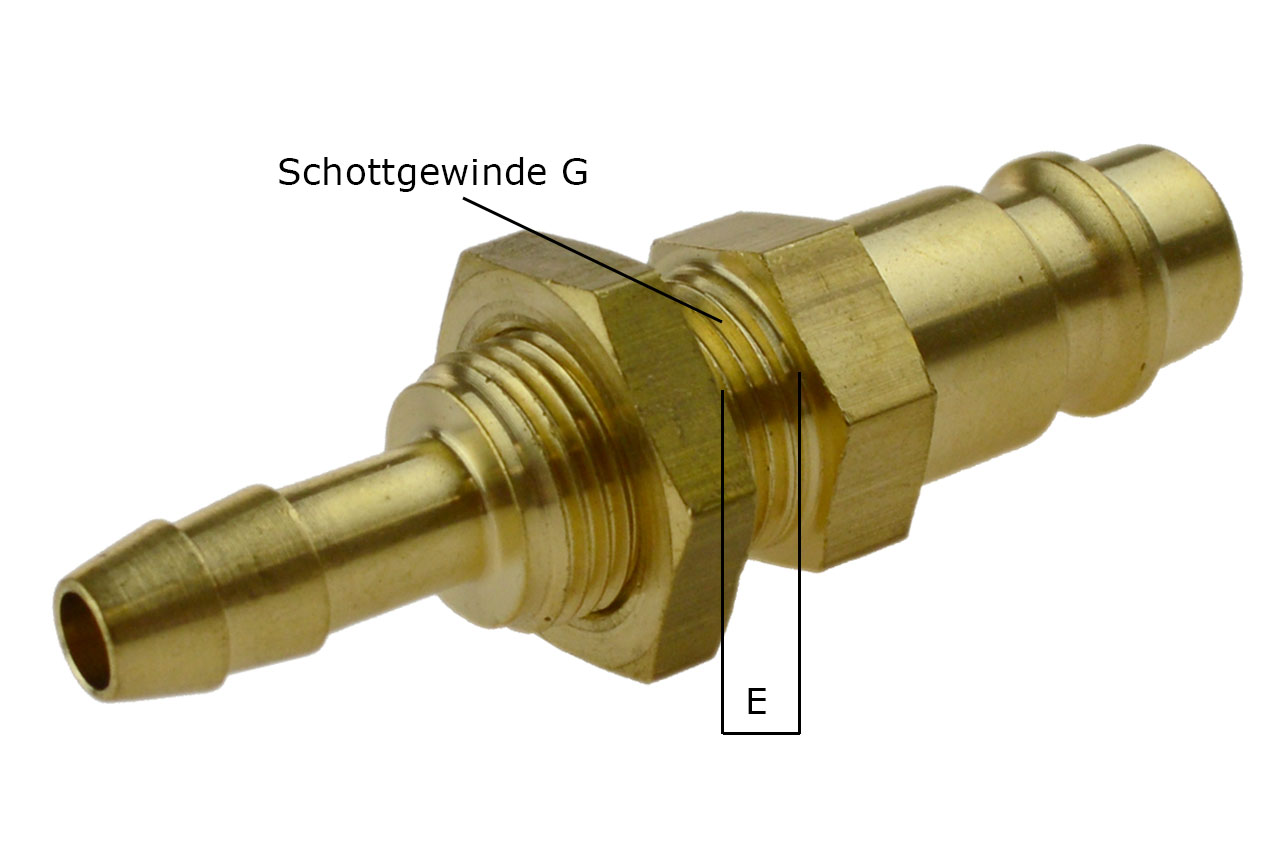 Druckluftstecknippel NW 7,2 mit Schlauchtülle und Schottgewinde, Messing Druckluftstecknippel NW 7,2 mit Schlauchtülle und Schottgewinde, Messing