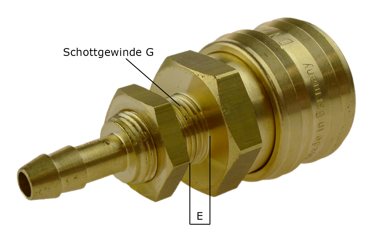Druckluftkupplung NW 7,2 mit Schottgewinde und Schlauchtülle, Messing Druckluftkupplung NW 7,2 mit Schottgewinde und Schlauchtülle, Messing