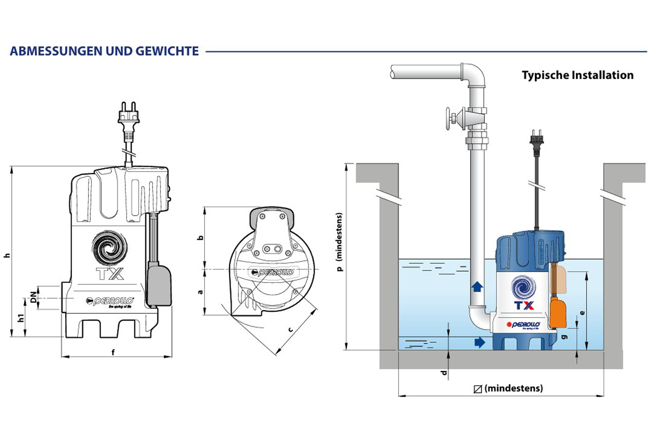 PEDROLLO Tauchmotorpumpe TRITUS-TX mit Schneidwerk - Abmessungen